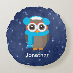 Kute Owl met oorkoningen en karf op blauw Rond Kussen