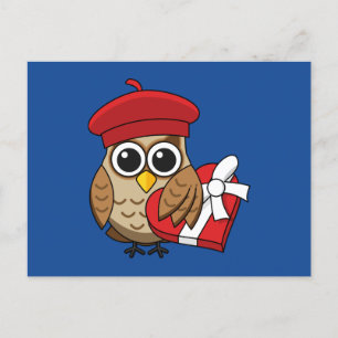 Kute Owl met Red Beret en Heart Box Feestdagenkaart