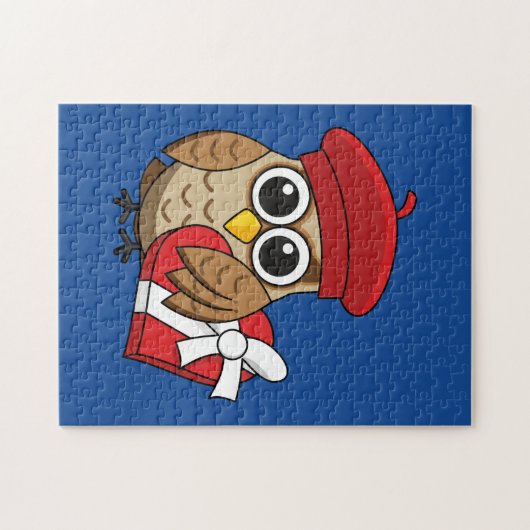 Kute Owl met Red Beret en Heart Box Legpuzzel (Horizontaal)