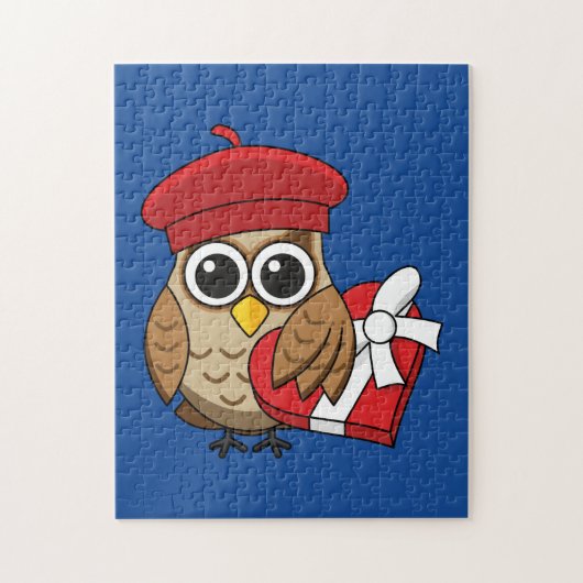 Kute Owl met Red Beret en Heart Box Legpuzzel (Verticaal)