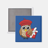 Kute Owl met Red Beret en Heart Box Magneet (Voorkant / Achterkant)