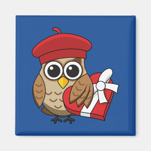 Kute Owl met Red Beret en Heart Box Magneet