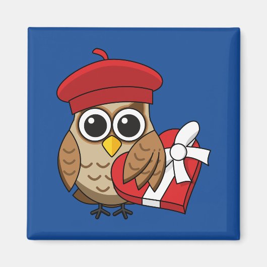 Kute Owl met Red Beret en Heart Box Magneet (Voorkant)