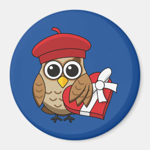 Kute Owl met Red Beret en Heart Box Magneet