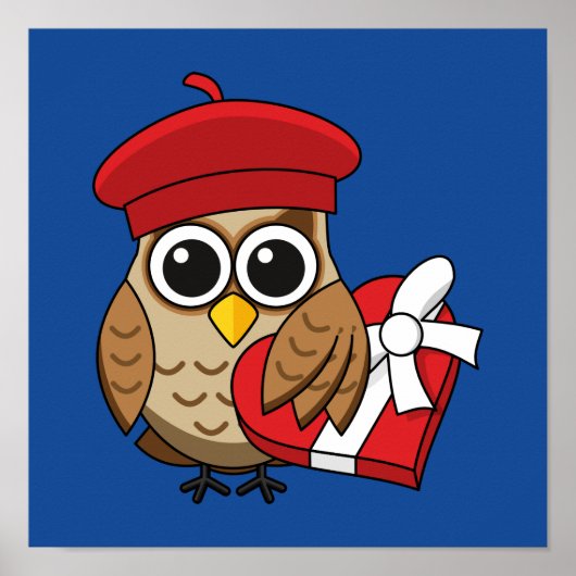 Kute Owl met Red Beret en Heart Box Poster (Voorkant)