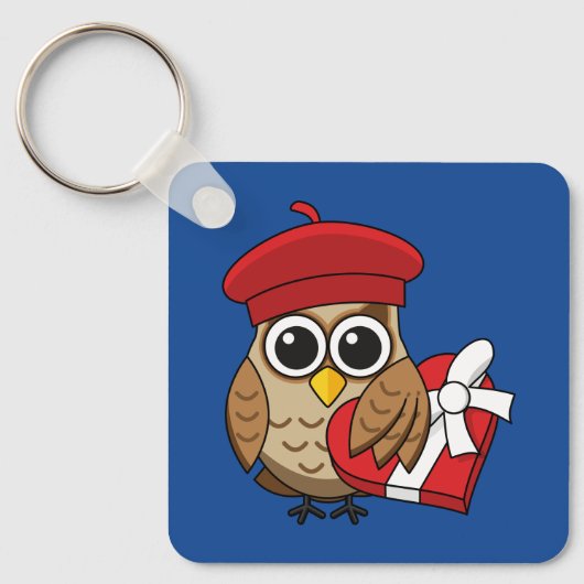 Kute Owl met Red Beret en Heart Box Sleutelhanger (Voorkant)