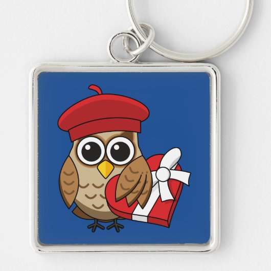 Kute Owl met Red Beret en Heart Box Sleutelhanger (Voorkant)