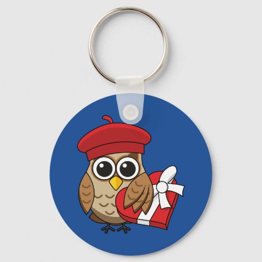 Kute Owl met Red Beret en Heart Box Sleutelhanger (Voorkant)