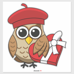 Kute Owl met Red Beret en Heart Box Sticker