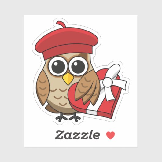 Kute Owl met Red Beret en Heart Box Sticker (Vel)