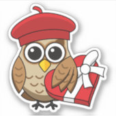 Kute Owl met Red Beret en Heart Box Sticker (Voorkant)
