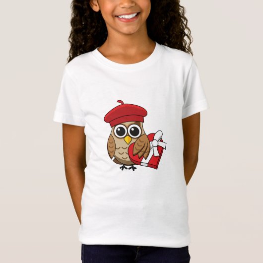 Kute Owl met Red Beret en Heart Box T-shirt (Voorkant)