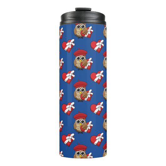 Kute Owl met Red Beret en Heart Box Thermosbeker (Voorkant)