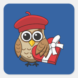 Kute Owl met Red Beret en Heart Box Vierkante Sticker
