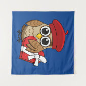 Kute Owl met Red Beret en Heart Box Wandkleed (Voorkant (horizontaal))