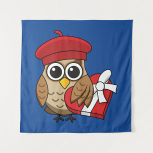 Kute Owl met Red Beret en Heart Box Wandkleed