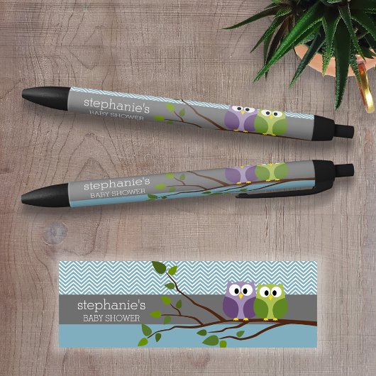 Kute Owl op bijkantoor - Blue Baby Boy Shower Zwarte Inkt Pen