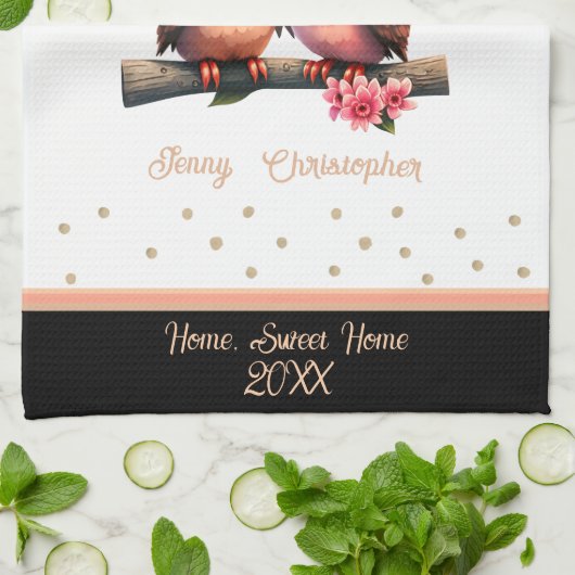 Kute owl pair in love Valentijn custom name Theedoek (Gevouwen)