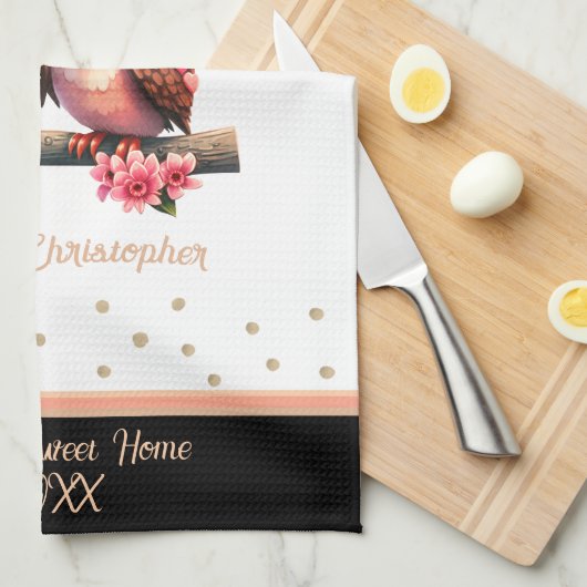 Kute owl pair in love Valentijn custom name Theedoek (Quarter Fold)