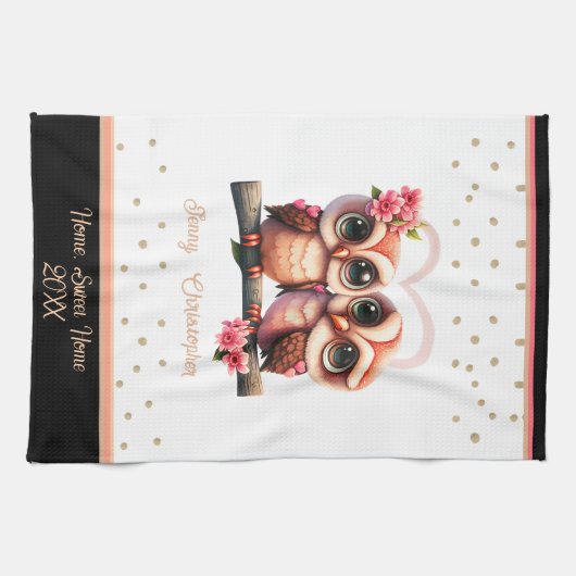 Kute owl pair in love Valentijn custom name Theedoek (Horizontaal)