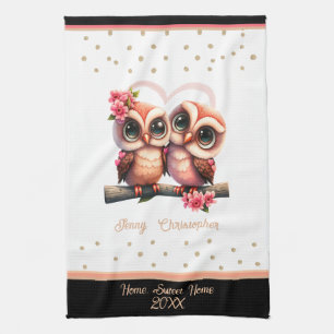 Kute owl pair in love Valentijn custom name Theedoek