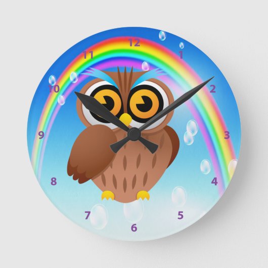 Kute Owl & regenboogklok Ronde Klok (Voorkant)