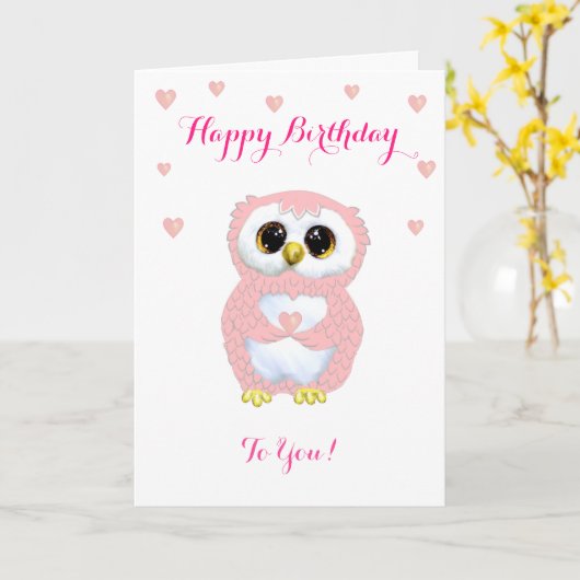 Kute Owl, roze harten en verjaardagswensen op wit Kaart (Gele Bloem)