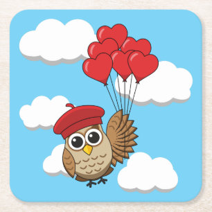 Kute Owl vliegen met hartballonnen Kartonnen Onderzetters