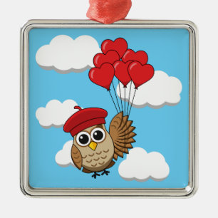 Kute Owl vliegen met hartballonnen Metalen Ornament