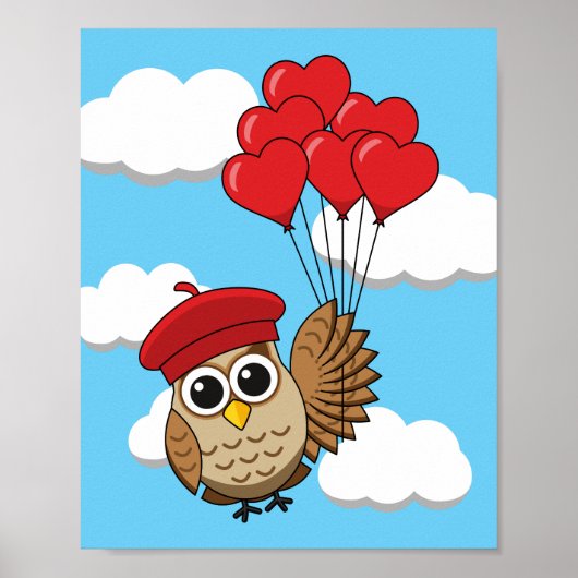 Kute Owl vliegen met hartballonnen Poster (Voorkant)