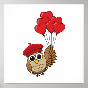 Kute Owl vliegen met hartballonnen Poster