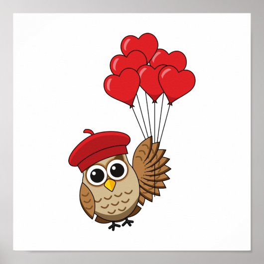 Kute Owl vliegen met hartballonnen Poster (Voorkant)