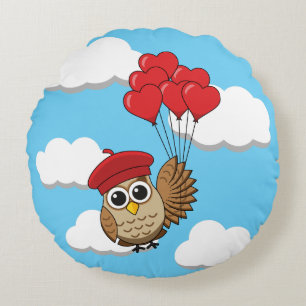 Kute Owl vliegen met hartballonnen Rond Kussen