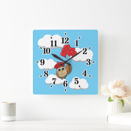 Kute Owl vliegen met hartballonnen Vierkante Klok (Huis)