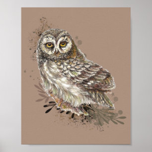 Kute Owl, Waterverf Bird Natuur Taupe Poster