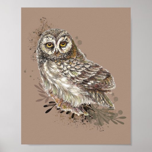 Kute Owl, Waterverf Bird Natuur Taupe Poster (Voorkant)