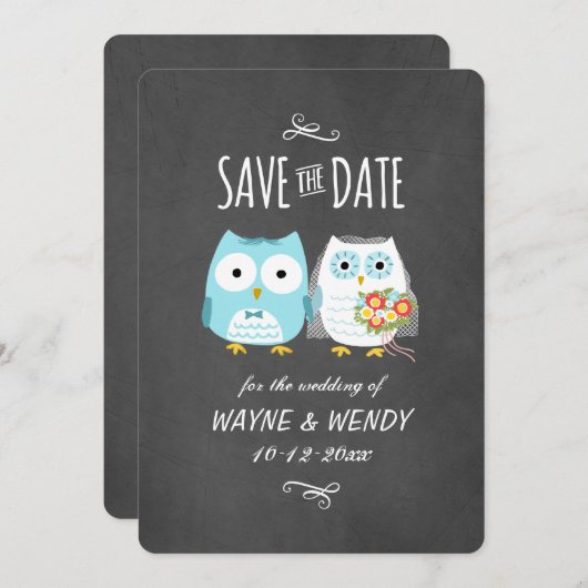 Kute Owls Wedding Chalkboard Style Save the Date (Voorkant / Achterkant)
