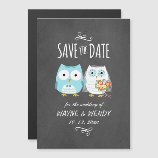 Kute Owls Wedding Chalkboard Style Save the Date Magnetische Uitnodiging (Voorkant / Achterkant)