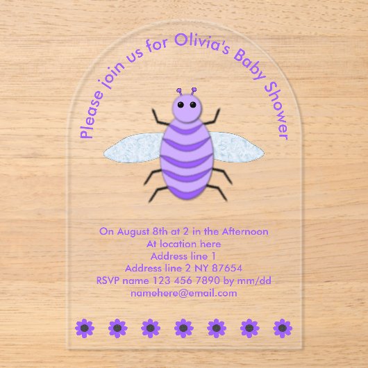 Kute Paarse Baby Genderneutraal Aangepast Acryl Uitnodigingen (Voorkant)