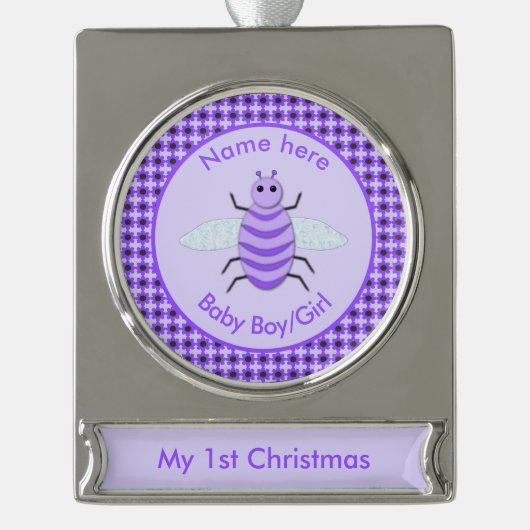 Kute Paarse Baby Neutrale Eerste Kerstmis Verzilverd Banner Ornament (Voorkant)