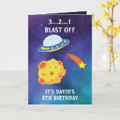 Kute Paarse Blue Space Flying Saucer 8th Birthday Kaart (Gele Bloem)