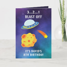 Kute Paarse Blue Space Flying Saucer 8th Birthday Kaart