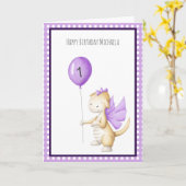 Kute Paarse draak met ballon First Birthday Kaart (Gele Bloem)