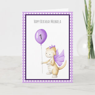 Kute Paarse draak met ballon First Birthday Kaart