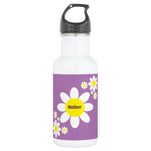 Kute Paarse en Witte Dagen Floral Custom Name Waterfles (Voorkant)