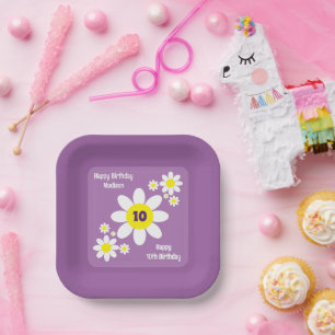 Kute Paarse en Witte Dagen Floral Initiaal Papieren Bordje