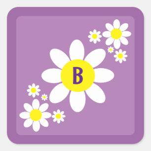Kute Paarse en Witte Dagen Floral Initiaal Vierkante Sticker
