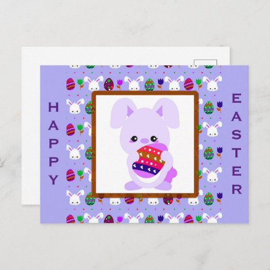 Kute Paarse Happy Paast Bunny Eggs Briefkaart (Voorkant / Achterkant)