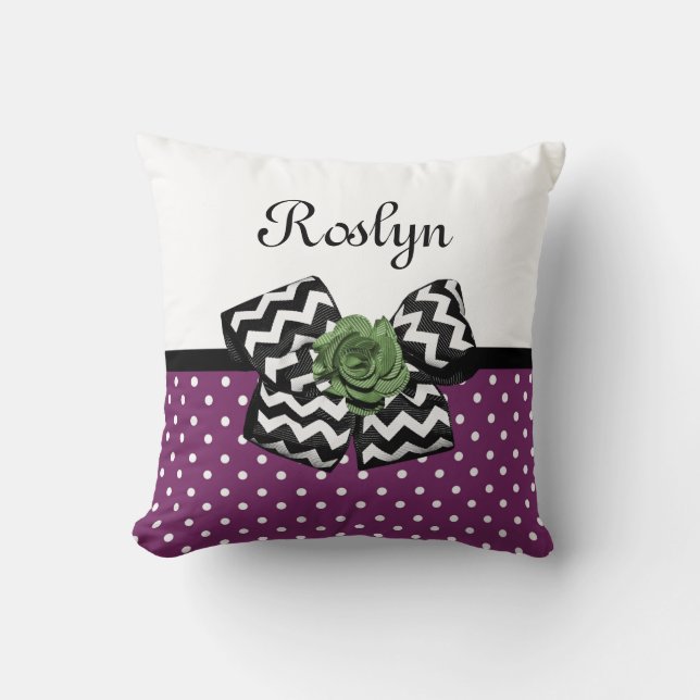 Kute Paarse Stippen Green Roos Chevron Bow met naa Kussen (Voorkant)