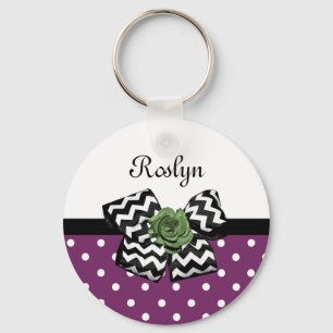 Kute Paarse Stippen Green Roos Chevron Bow met naa Sleutelhanger